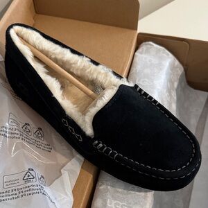 UGG Ansley Black Suede Moccasins with Cream Lining